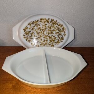 Vintage Pyrex Olive Split Divided Casserole Dish With Lid - 1. 5 Qt Yellow Green